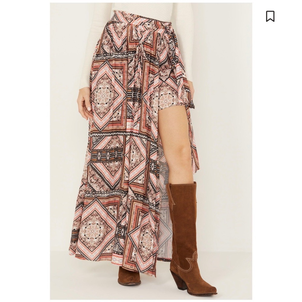 SHYANNE Boho Geometric Print Maxi Wrap Skirt XS Tie Waist Western Festival